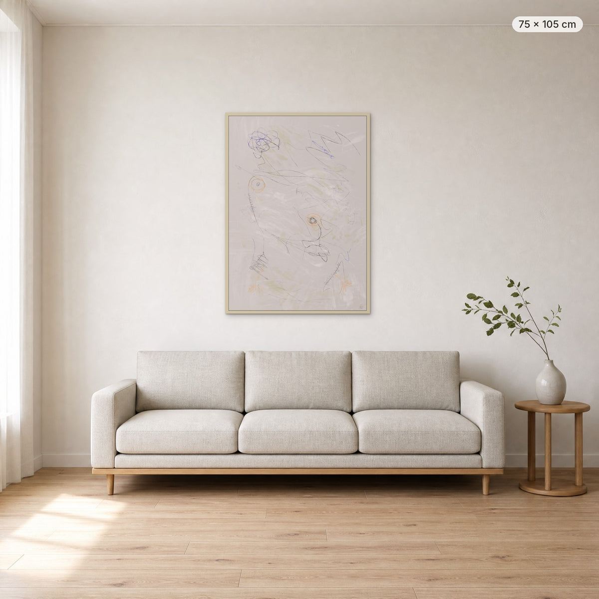 Life Is Boring Without Chaos #3 canvas print in oak floating frame, 75 × 105 cm, shown above a 220 cm sofa