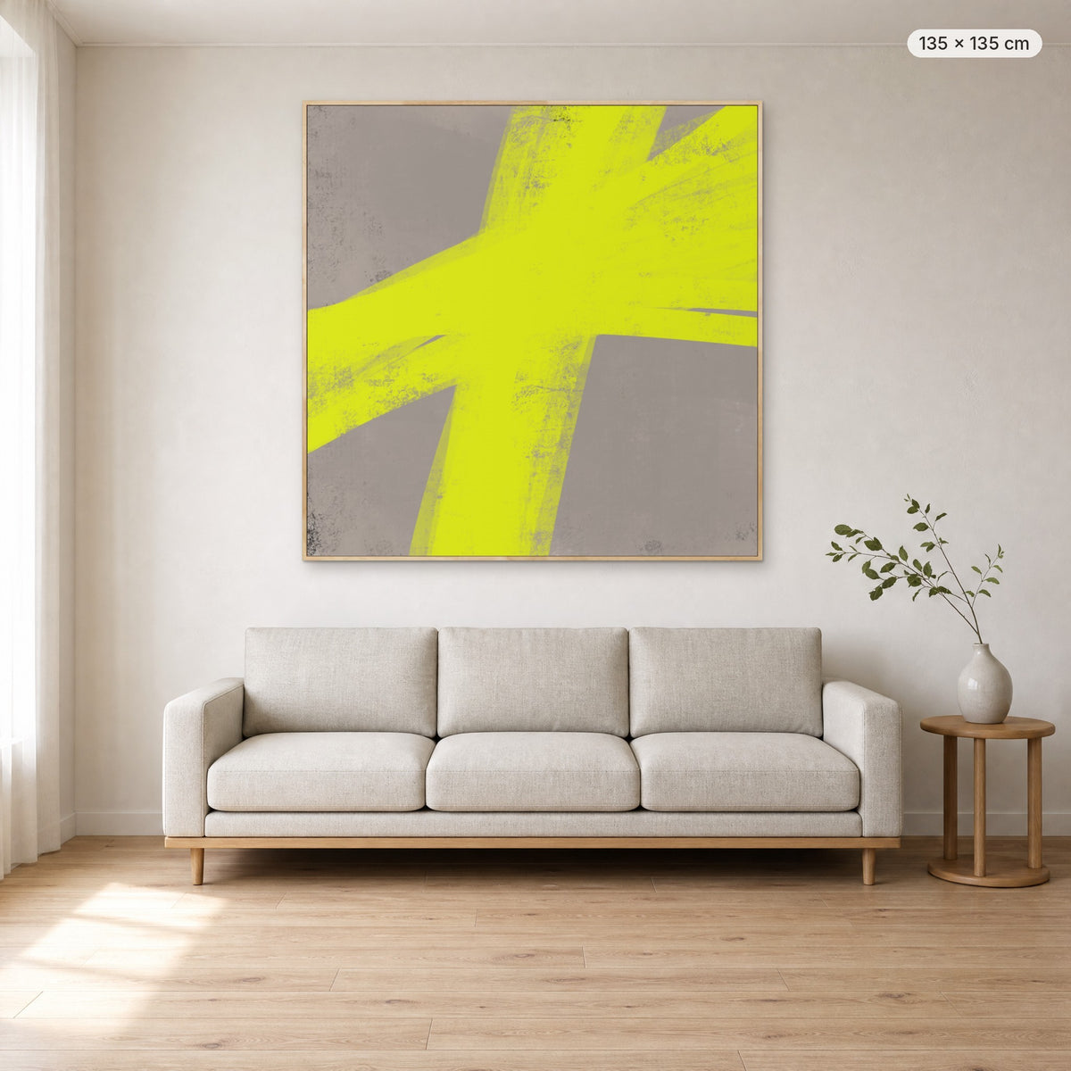 Lights Up canvas print in oak floating frame, 135 × 135 cm, shown above a 220 cm sofa