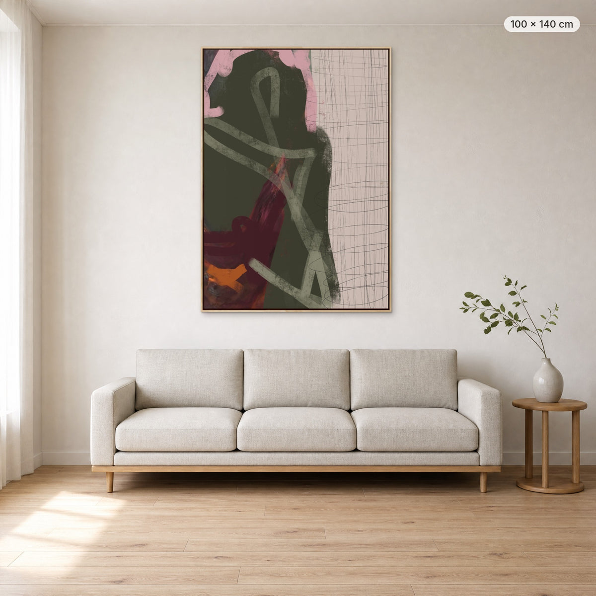 Look In Paris canvas print in oak floating frame, 100 × 140 cm, shown above a 220 cm sofa