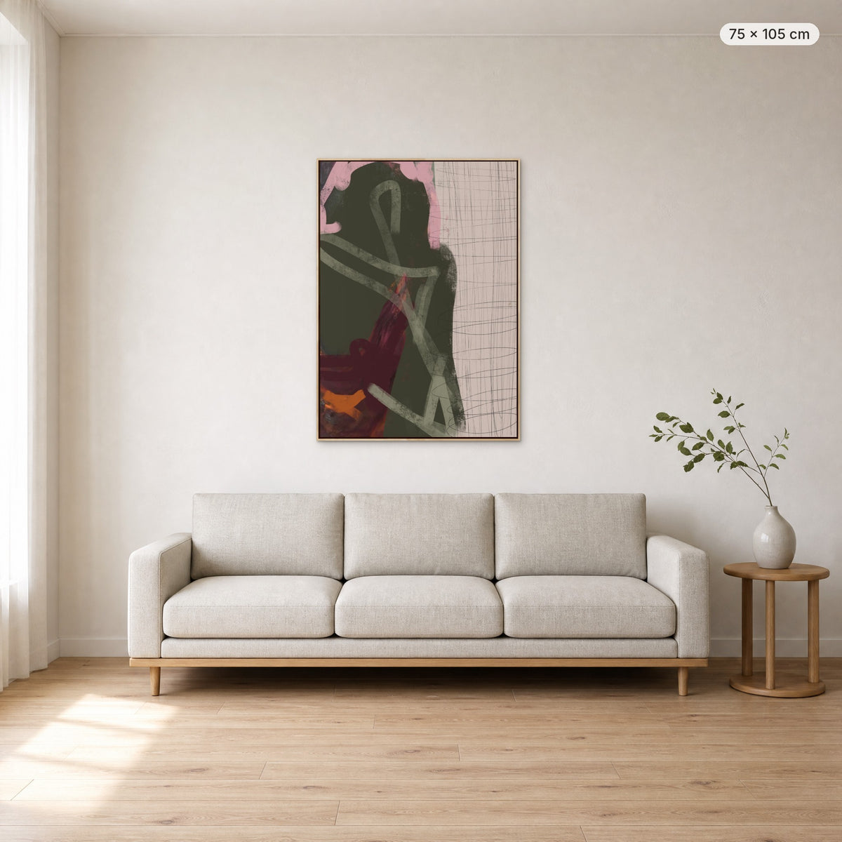 Look In Paris canvas print in oak floating frame, 75 × 105 cm, shown above a 220 cm sofa