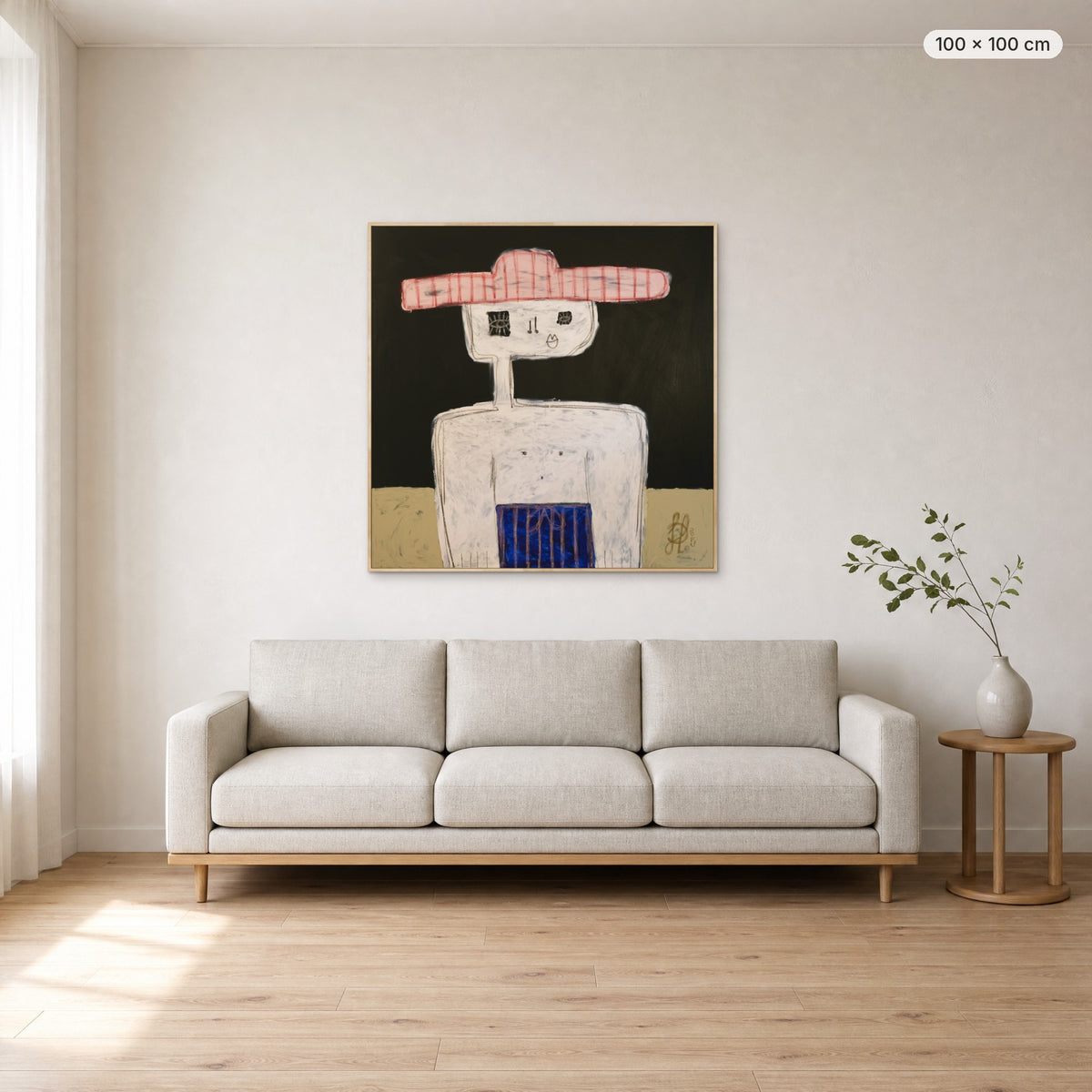 Matthew canvas print in oak floating frame, 100 × 100 cm, shown above a 220 cm sofa