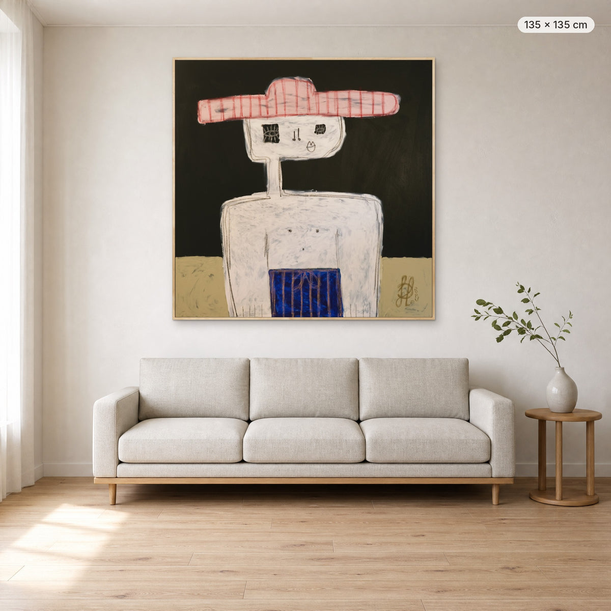 Matthew canvas print in oak floating frame, 135 × 135 cm, shown above a 220 cm sofa