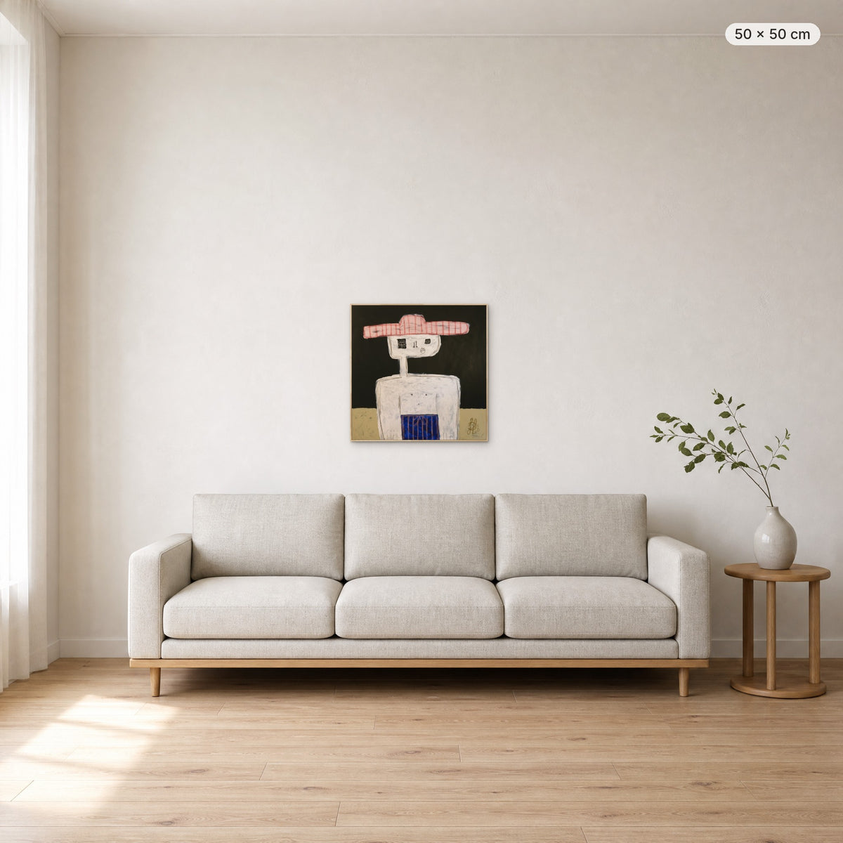 Matthew canvas print in oak floating frame, 50 × 50 cm, shown above a 220 cm sofa