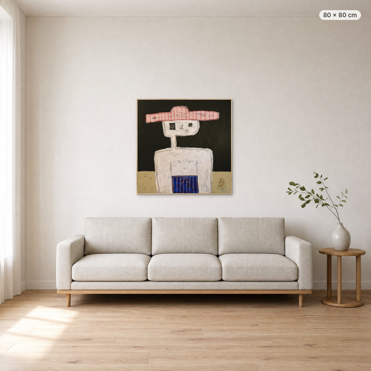 Matthew canvas print in oak floating frame, 80 × 80 cm, shown above a 220 cm sofa