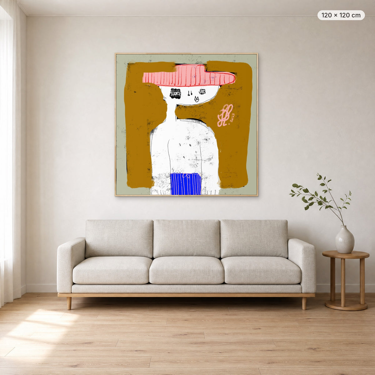 Michael canvas print in oak floating frame, 120 × 120 cm, shown above a 220 cm sofa