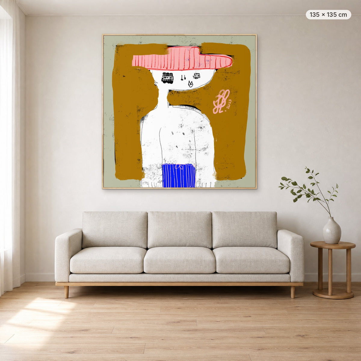 Michael canvas print in oak floating frame, 135 × 135 cm, shown above a 220 cm sofa