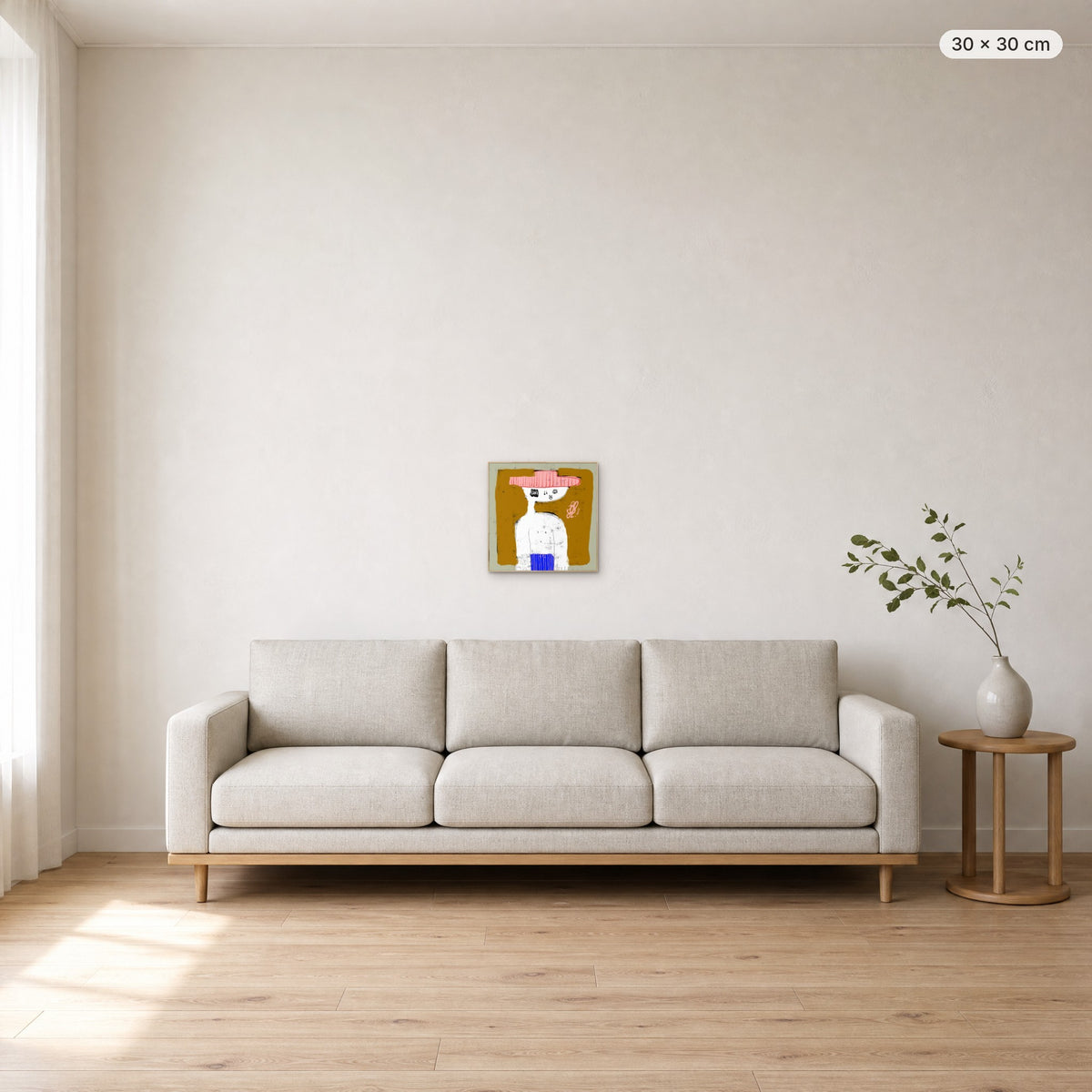 Michael canvas print in oak floating frame, 30 × 30 cm, shown above a 220 cm sofa