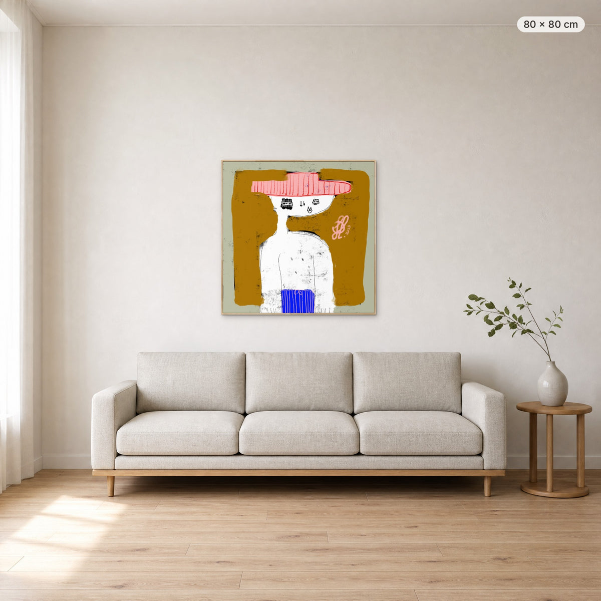 Michael canvas print in oak floating frame, 80 × 80 cm, shown above a 220 cm sofa
