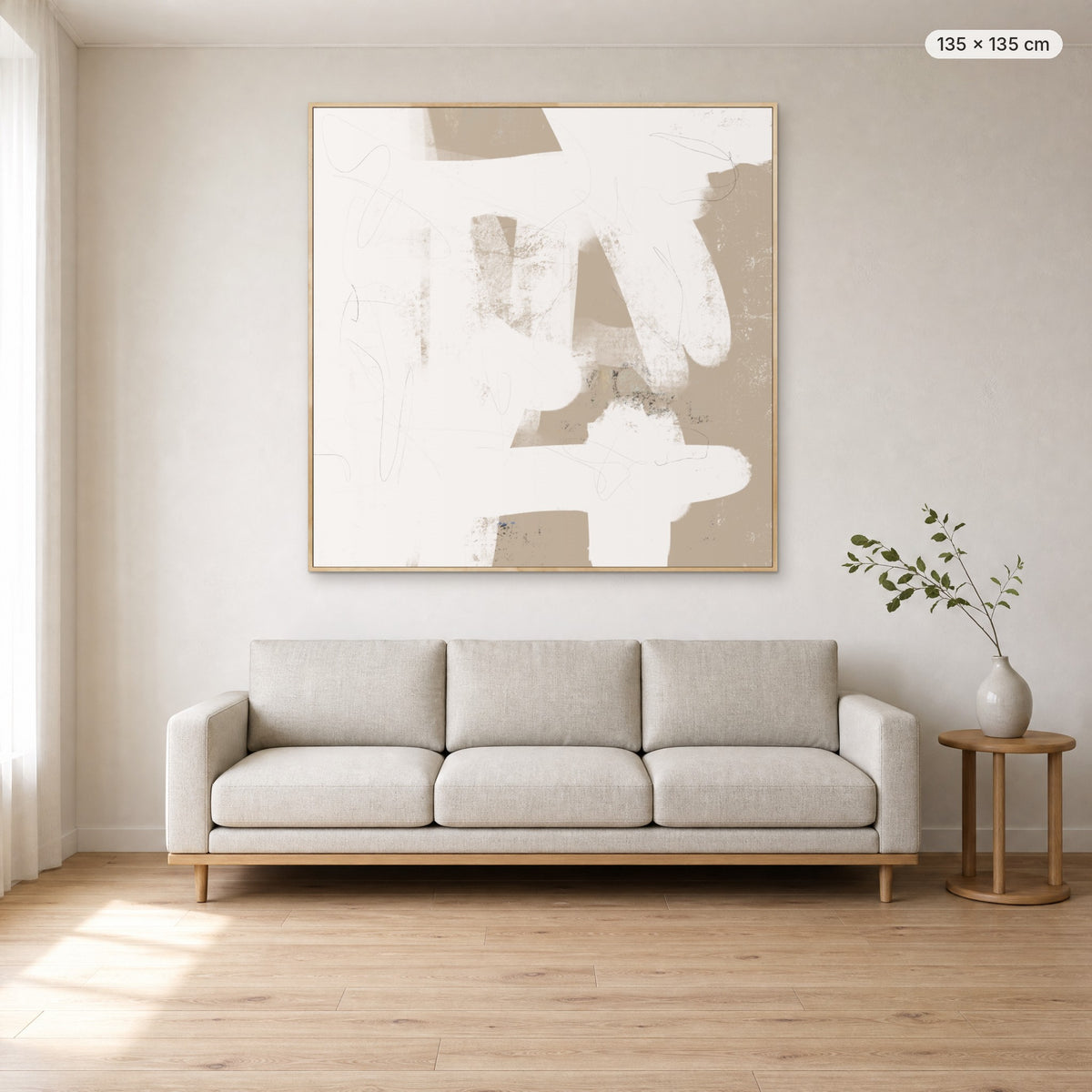 More Than Simple canvas print in oak floating frame, 135 × 135 cm, shown above a 220 cm sofa