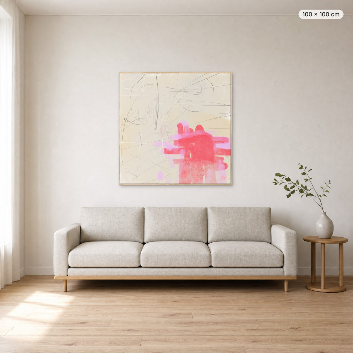 Only One Heart canvas print in oak floating frame, 100 × 100 cm, shown above a 220 cm sofa