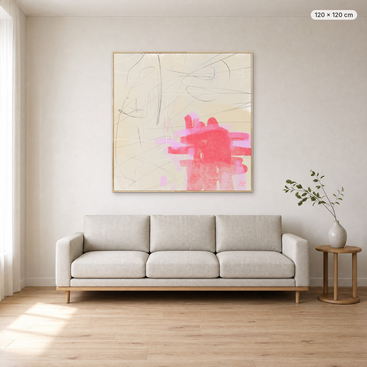 Only One Heart canvas print in oak floating frame, 120 × 120 cm, shown above a 220 cm sofa