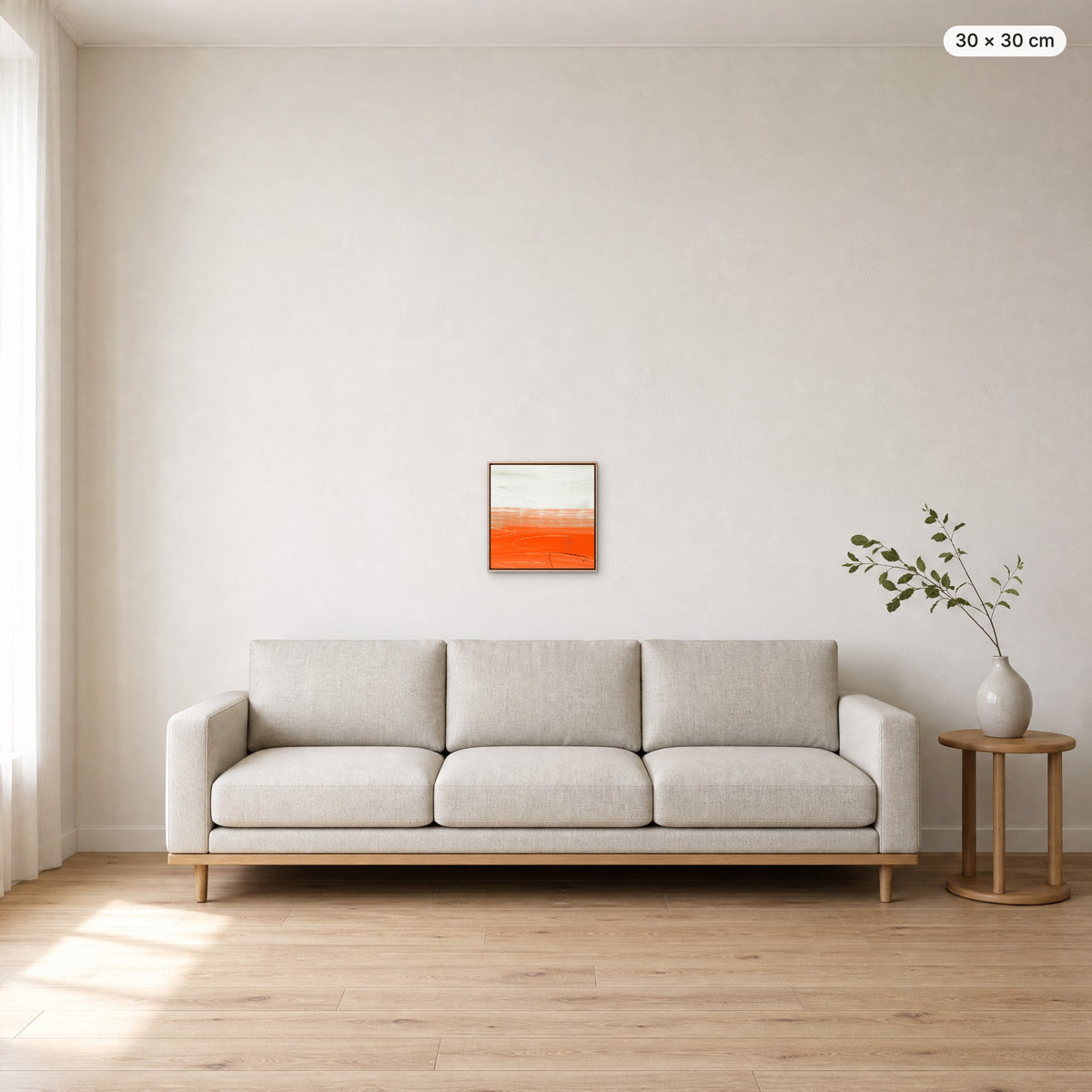 Canvas Print "Orange Horizon" in oak frame, 30 × 30 cm, shown to scale above a 220 cm sofa