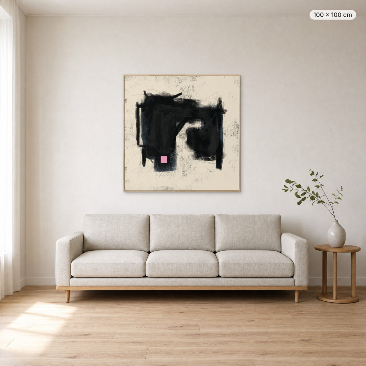 Place Of Love canvas print in oak floating frame, 100 × 100 cm, shown above a 220 cm sofa