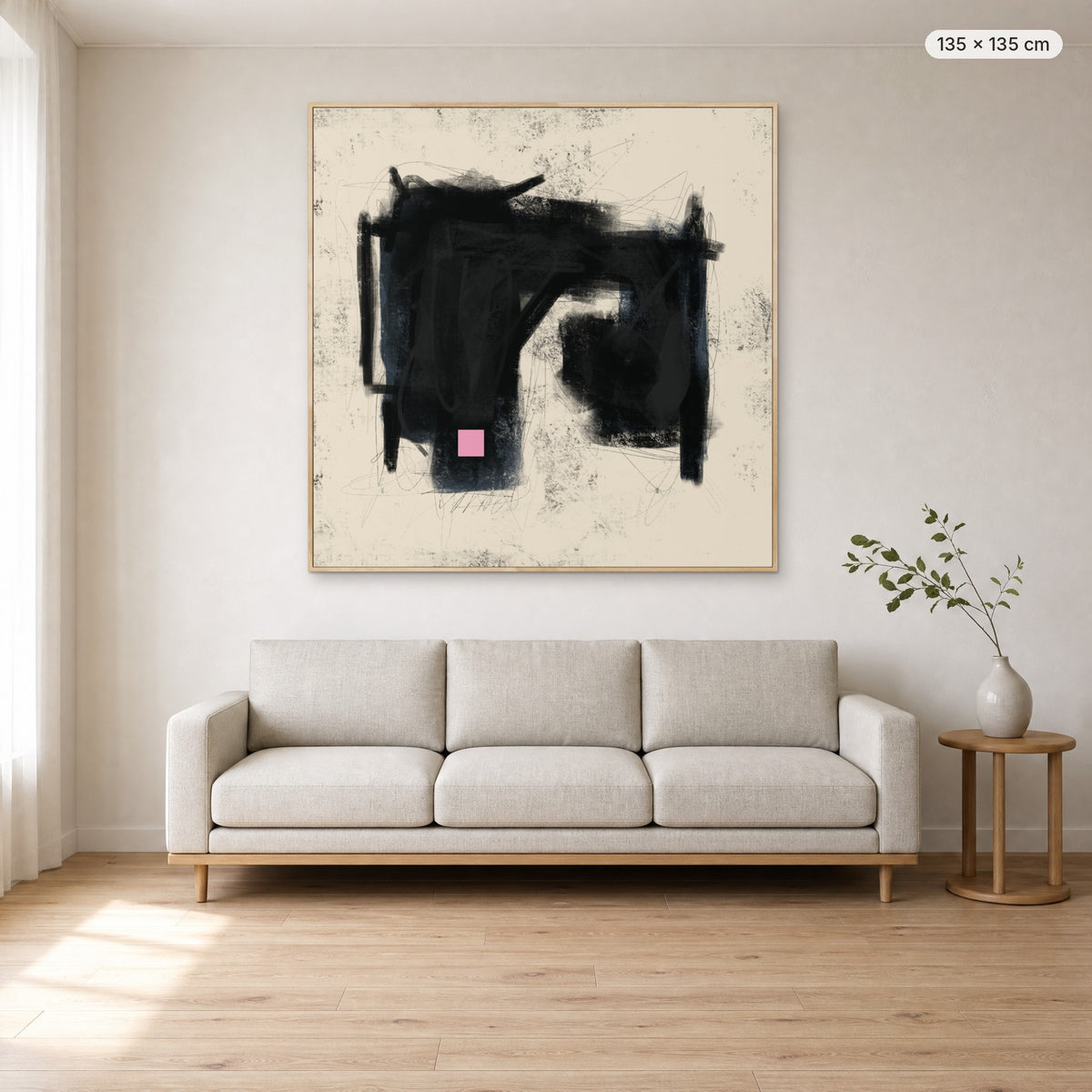 Place Of Love canvas print in oak floating frame, 135 × 135 cm, shown above a 220 cm sofa