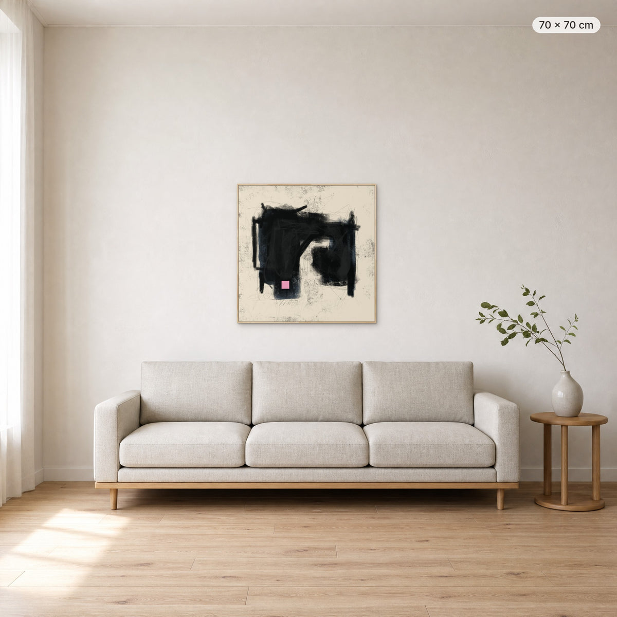 Place Of Love canvas print in oak floating frame, 70 × 70 cm, shown above a 220 cm sofa