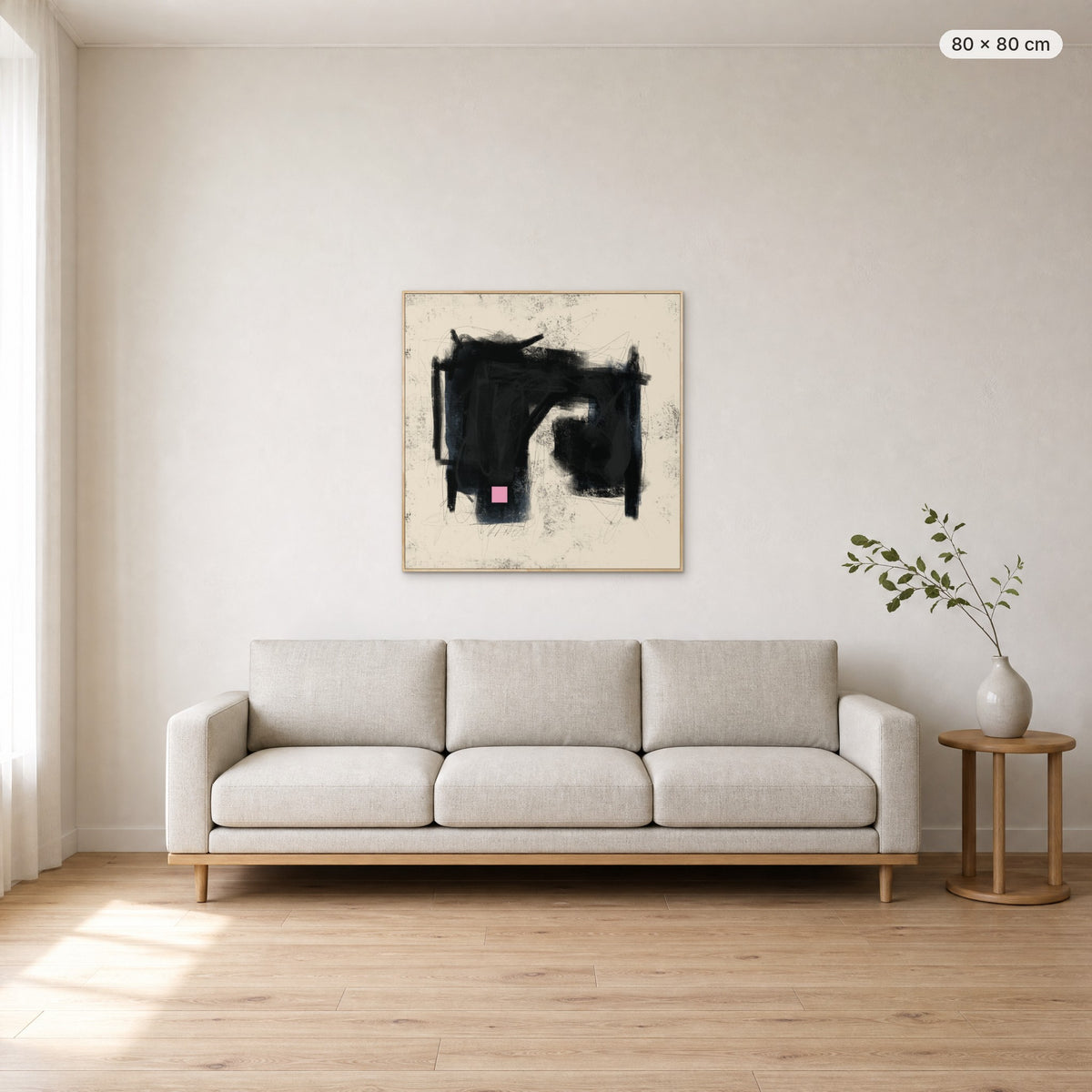 Place Of Love canvas print in oak floating frame, 80 × 80 cm, shown above a 220 cm sofa