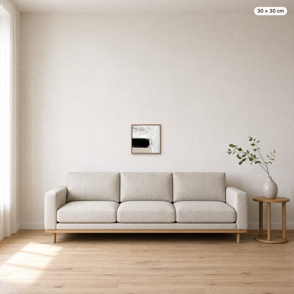 Canvas Print "Quiet" in oak frame, 30 × 30 cm, shown to scale above a 220 cm sofa