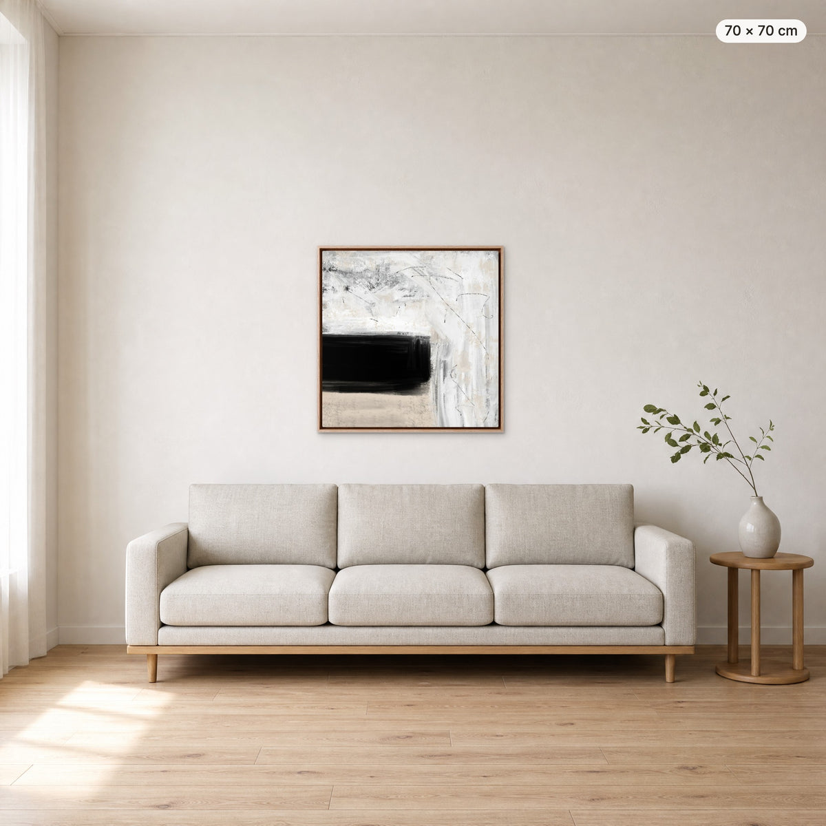 Canvas Print "Quiet" in oak frame, 70 × 70 cm, shown to scale above a 220 cm sofa
