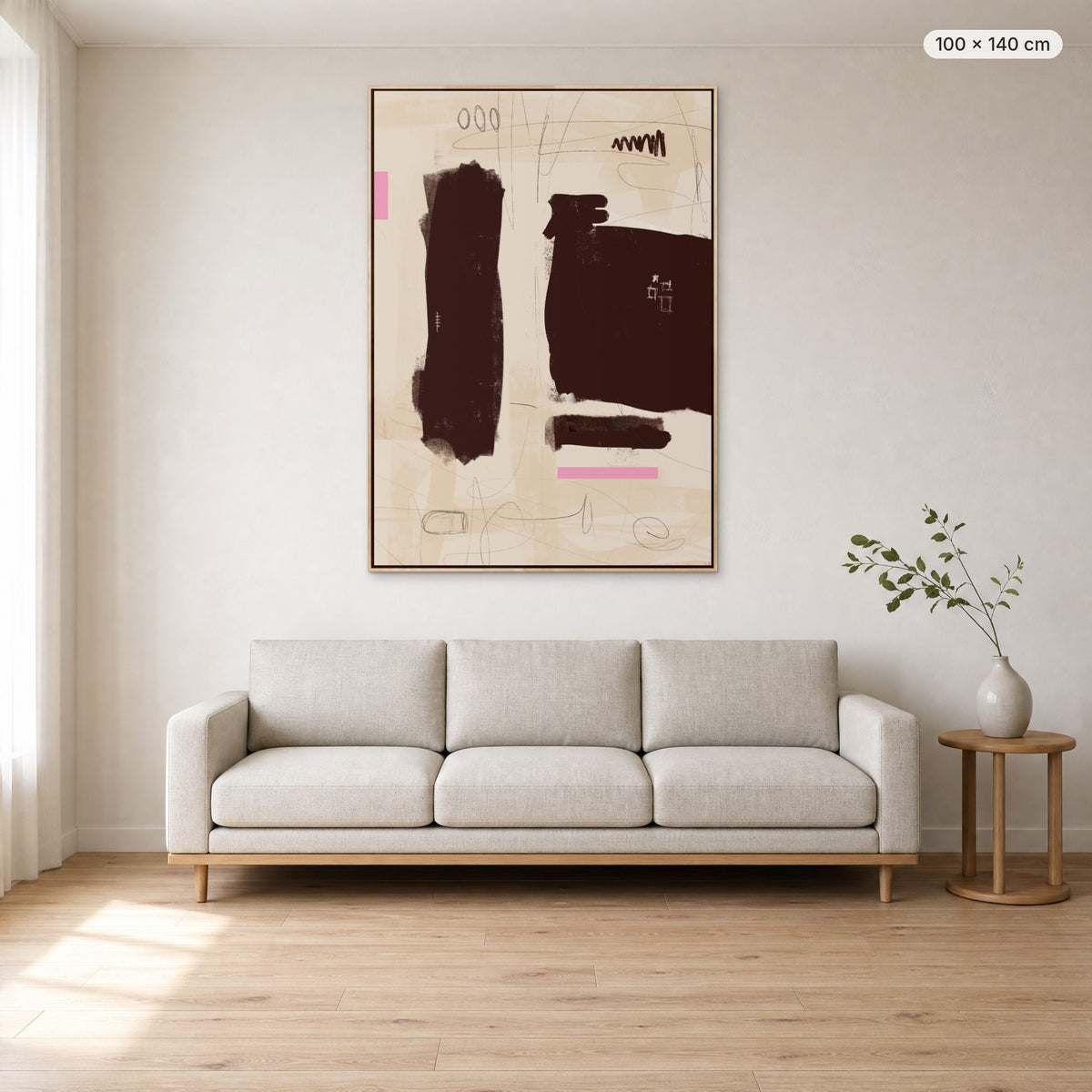 Simple Room #1 canvas print in oak floating frame, 100 × 140 cm, shown above a 220 cm sofa