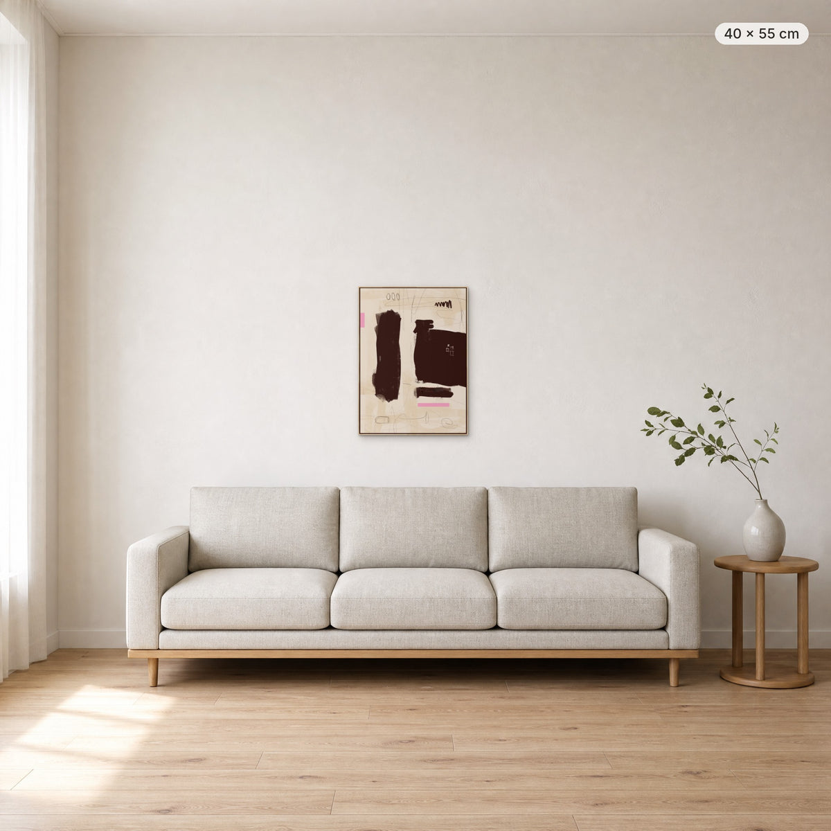Simple Room #1 canvas print in oak floating frame, 40 × 55 cm, shown above a 220 cm sofa