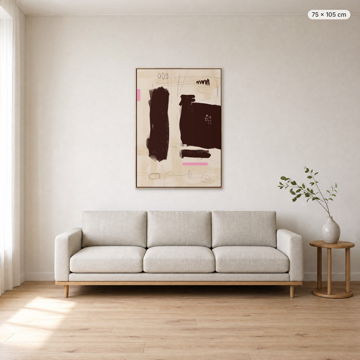 Simple Room #1 canvas print in oak floating frame, 75 × 105 cm, shown above a 220 cm sofa