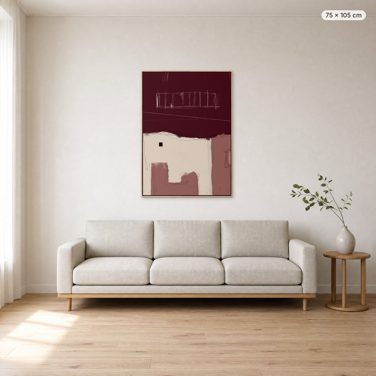 Simple Room #2 canvas print in oak floating frame, 75 × 105 cm, shown above a 220 cm sofa