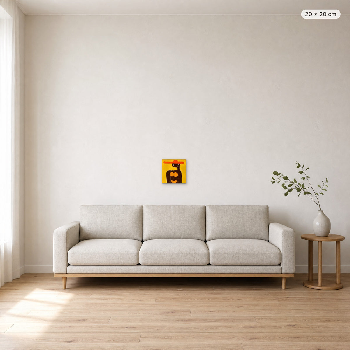 Sophia canvas print in oak floating frame, 20 × 20 cm, shown above a 220 cm sofa