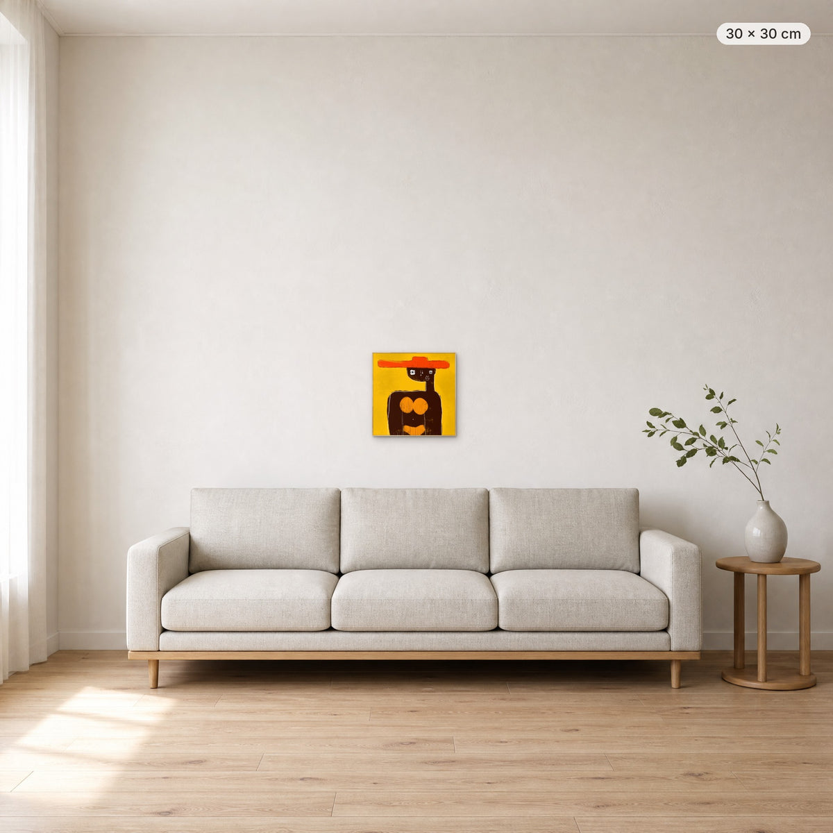 Sophia canvas print in oak floating frame, 30 × 30 cm, shown above a 220 cm sofa