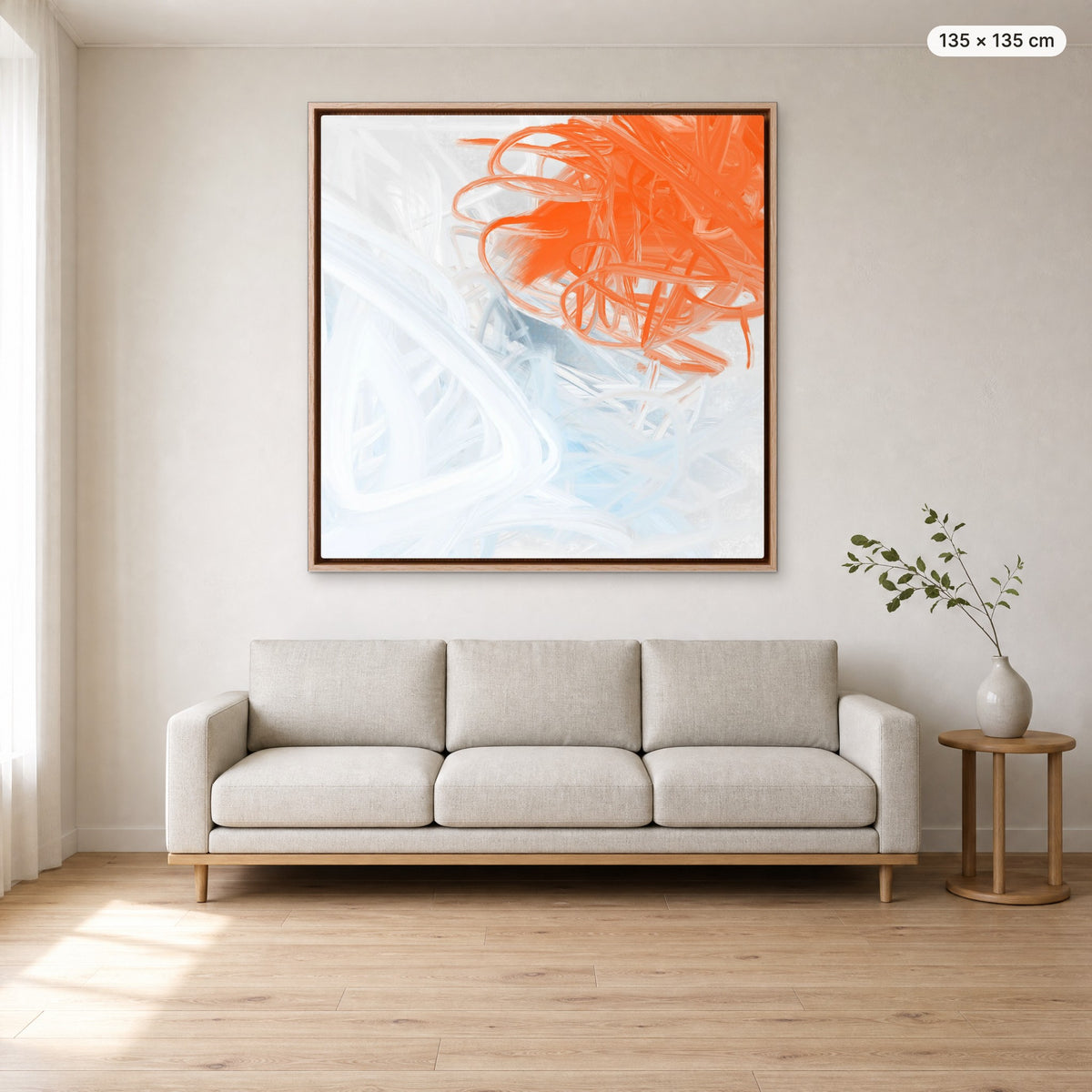 Canvas Print "Tangled Air" in oak frame, 135 × 135 cm, shown to scale above a 220 cm sofa