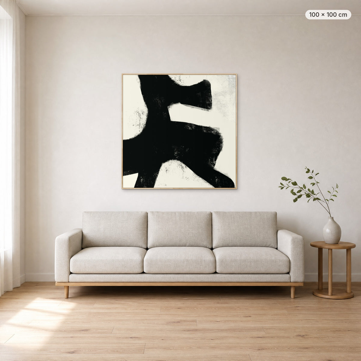 Under Earth canvas print in oak floating frame, 100 × 100 cm, shown above a 220 cm sofa
