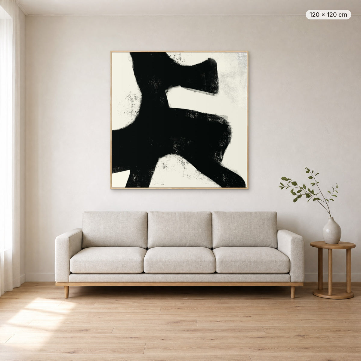 Under Earth canvas print in oak floating frame, 120 × 120 cm, shown above a 220 cm sofa