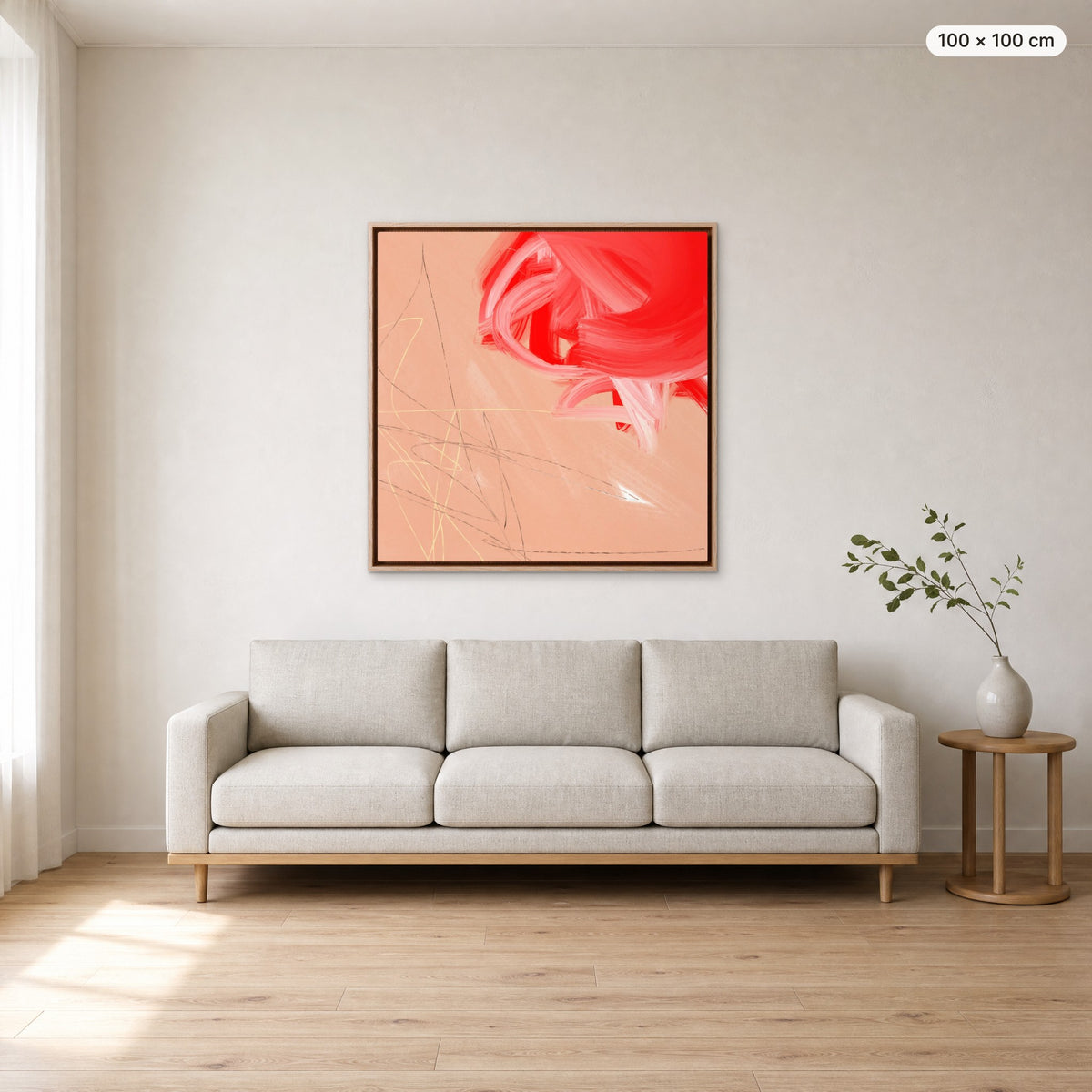 Canvas Print "Unspoken" in oak frame, 100 × 100 cm, shown to scale above a 220 cm sofa