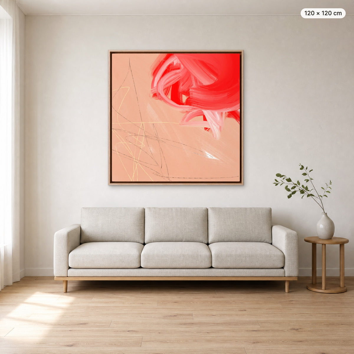 Canvas Print "Unspoken" in oak frame, 120 × 120 cm, shown to scale above a 220 cm sofa