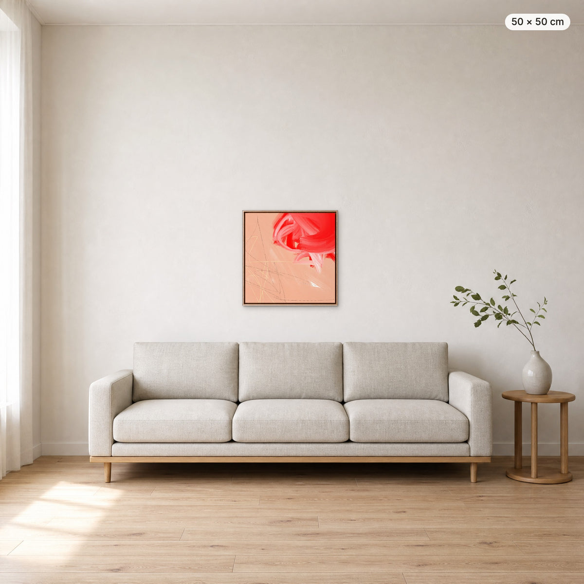 Canvas Print "Unspoken" in oak frame, 50 × 50 cm, shown to scale above a 220 cm sofa