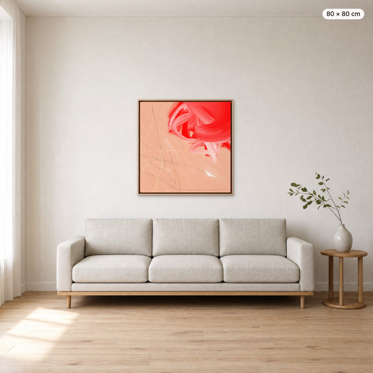 Canvas Print "Unspoken" in oak frame, 80 × 80 cm, shown to scale above a 220 cm sofa