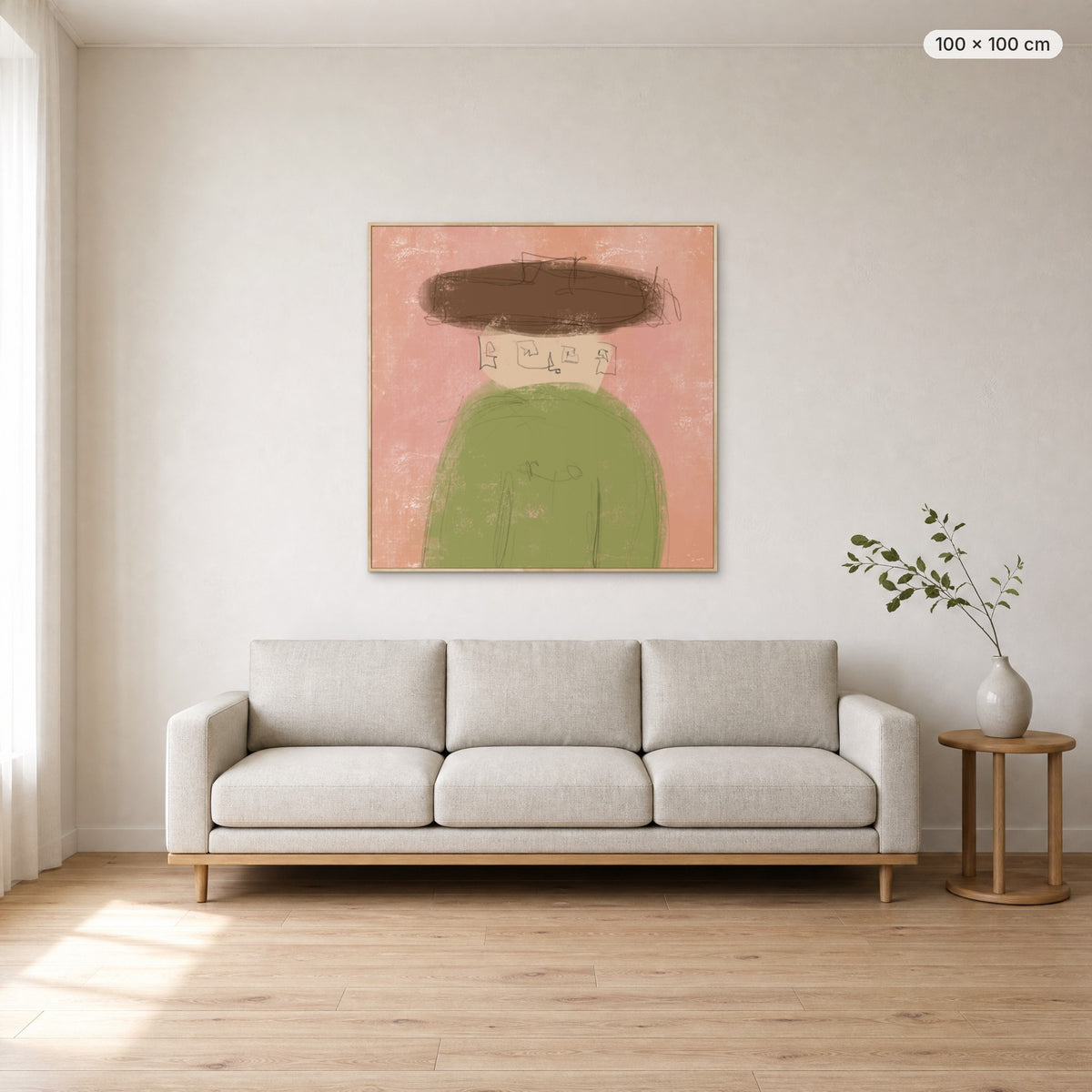 Whisper canvas print in oak floating frame, 100 × 100 cm, shown above a 220 cm sofa