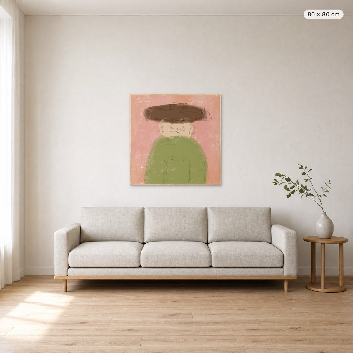 Whisper canvas print in oak floating frame, 80 × 80 cm, shown above a 220 cm sofa