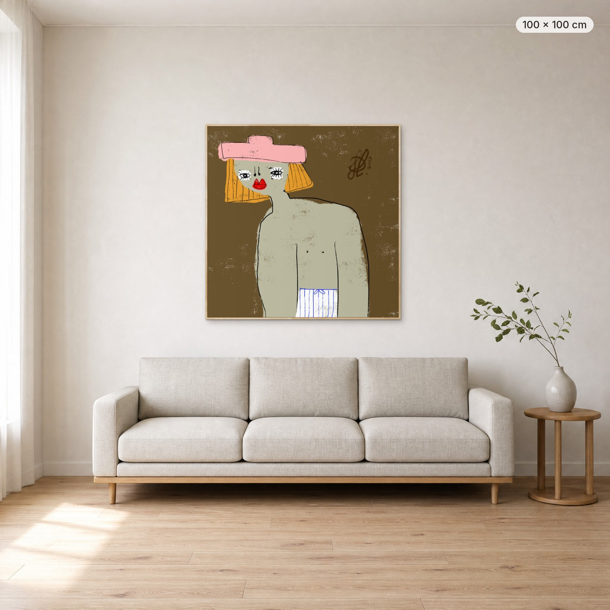 William canvas print in oak floating frame, 100 × 100 cm, shown above a 220 cm sofa