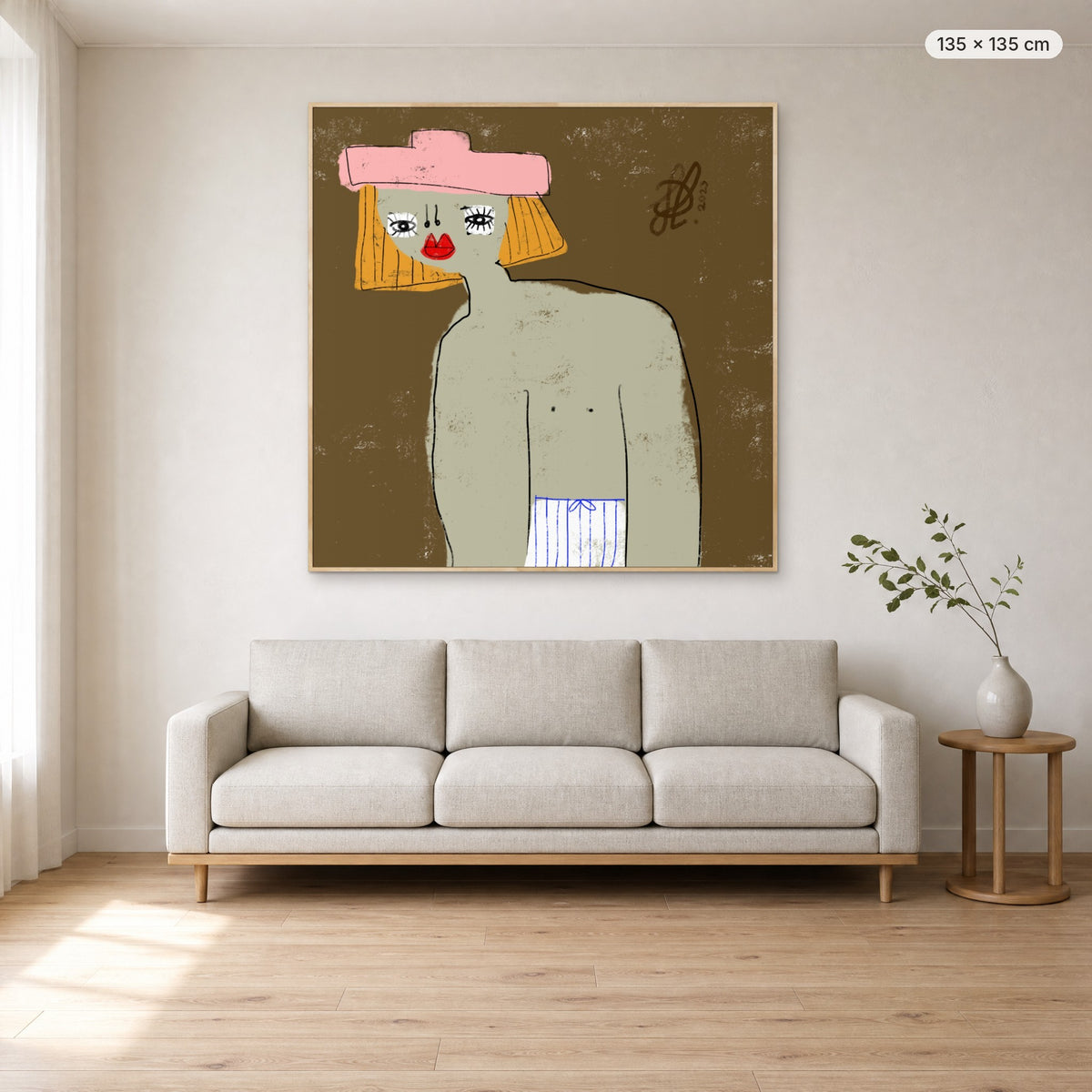 William canvas print in oak floating frame, 135 × 135 cm, shown above a 220 cm sofa