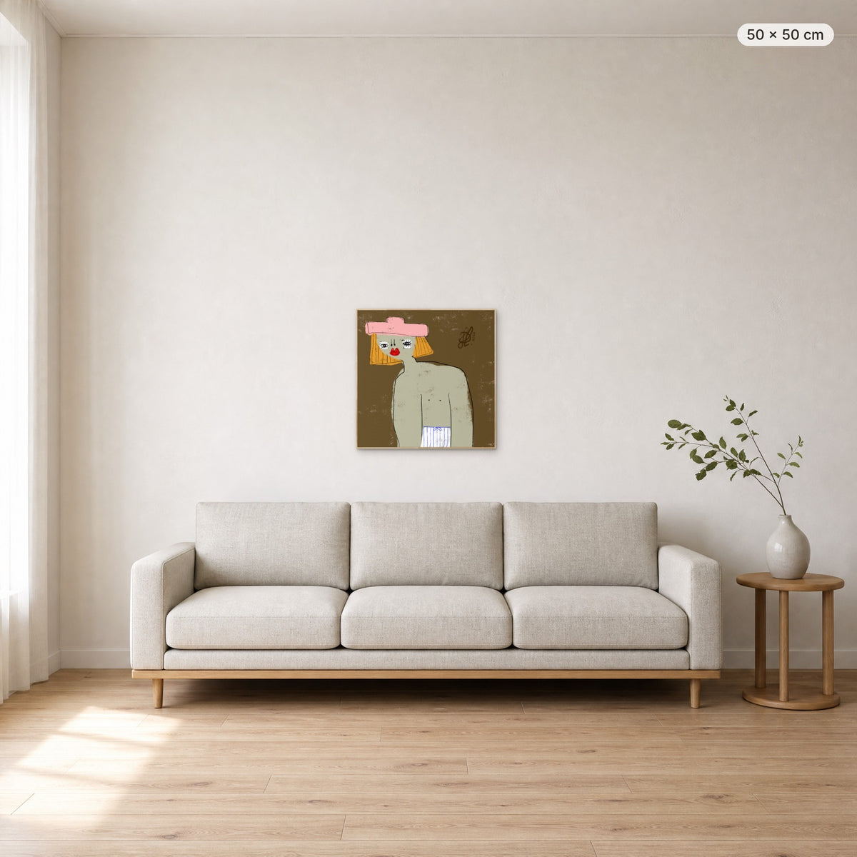 William canvas print in oak floating frame, 50 × 50 cm, shown above a 220 cm sofa