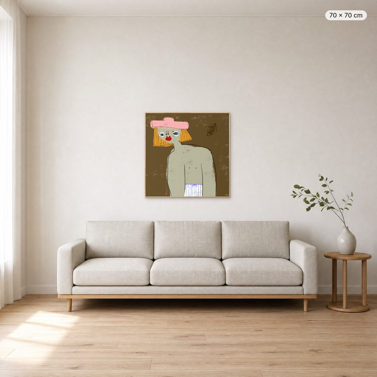 William canvas print in oak floating frame, 70 × 70 cm, shown above a 220 cm sofa