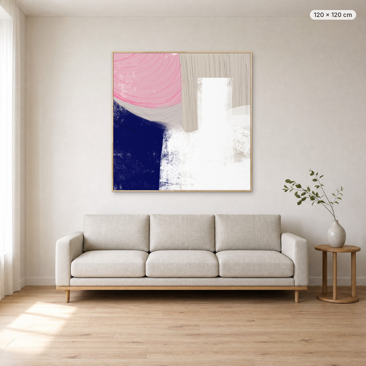 A Moment To Think canvas print in oak floating frame, 120 × 120 cm, shown above a 220 cm sofa
