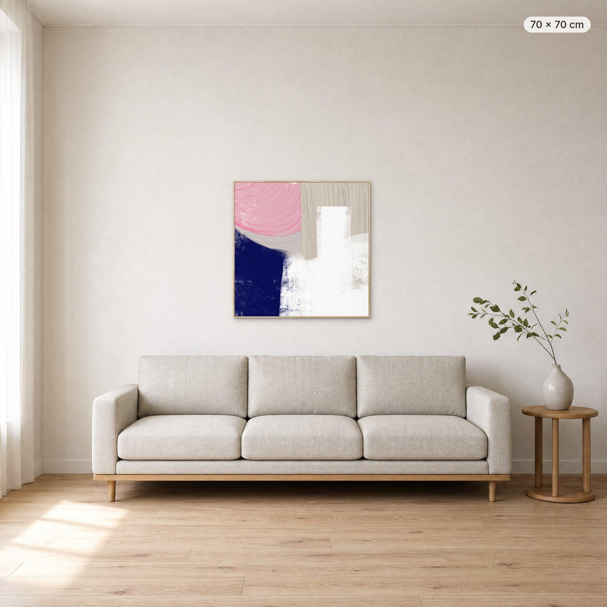 A Moment To Think canvas print in oak floating frame, 70 × 70 cm, shown above a 220 cm sofa