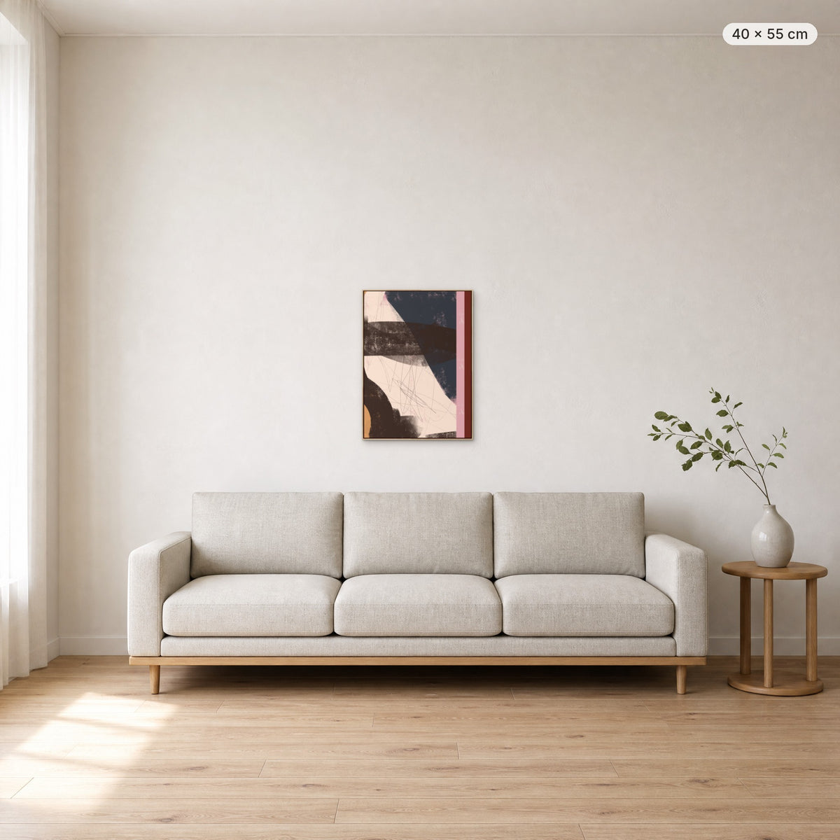 Adore You canvas print in oak floating frame, 40 × 55 cm, shown above a 220 cm sofa