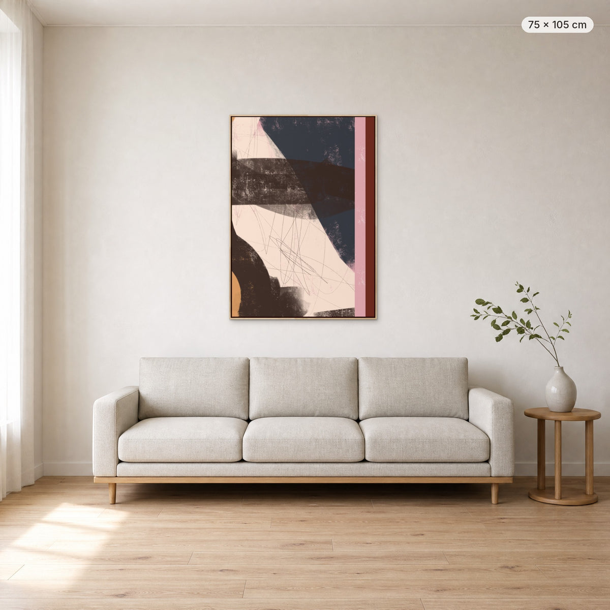 Adore You canvas print in oak floating frame, 75 × 105 cm, shown above a 220 cm sofa