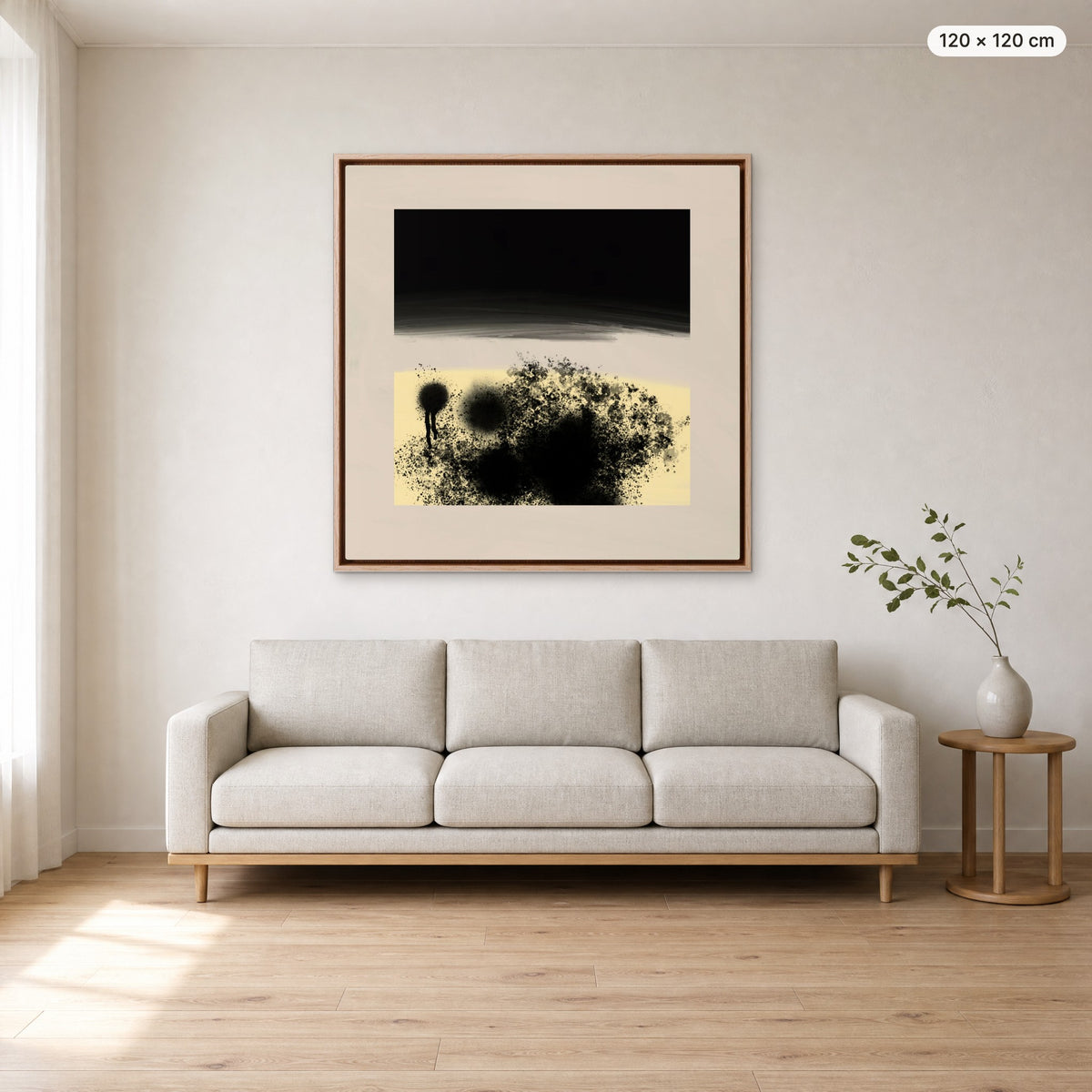 Canvas Print "After Dark" in oak frame, 120 × 120 cm, shown to scale above a 220 cm sofa