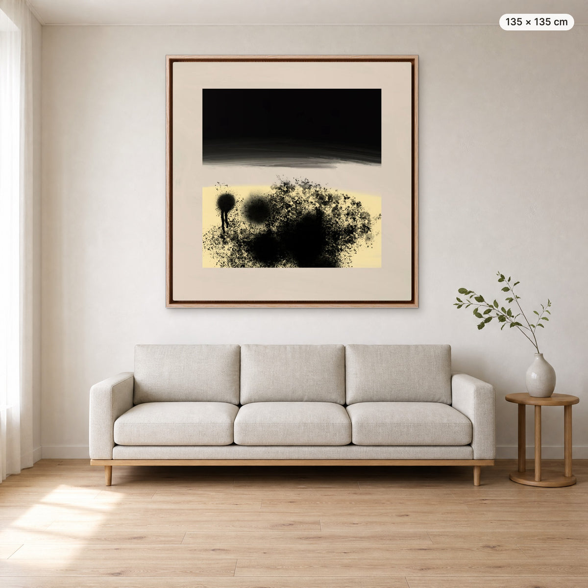 Canvas Print "After Dark" in oak frame, 135 × 135 cm, shown to scale above a 220 cm sofa