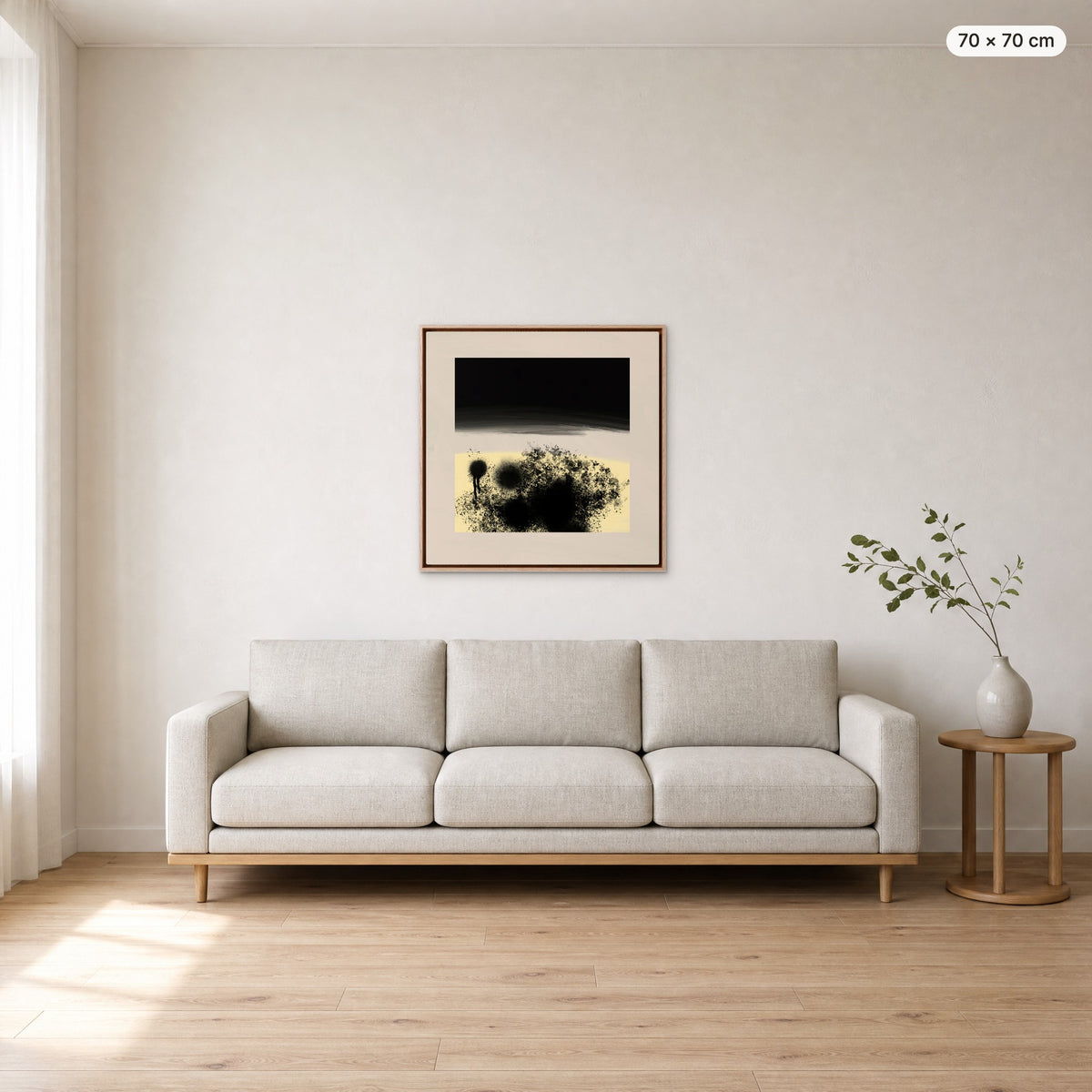 Canvas Print "After Dark" in oak frame, 70 × 70 cm, shown to scale above a 220 cm sofa