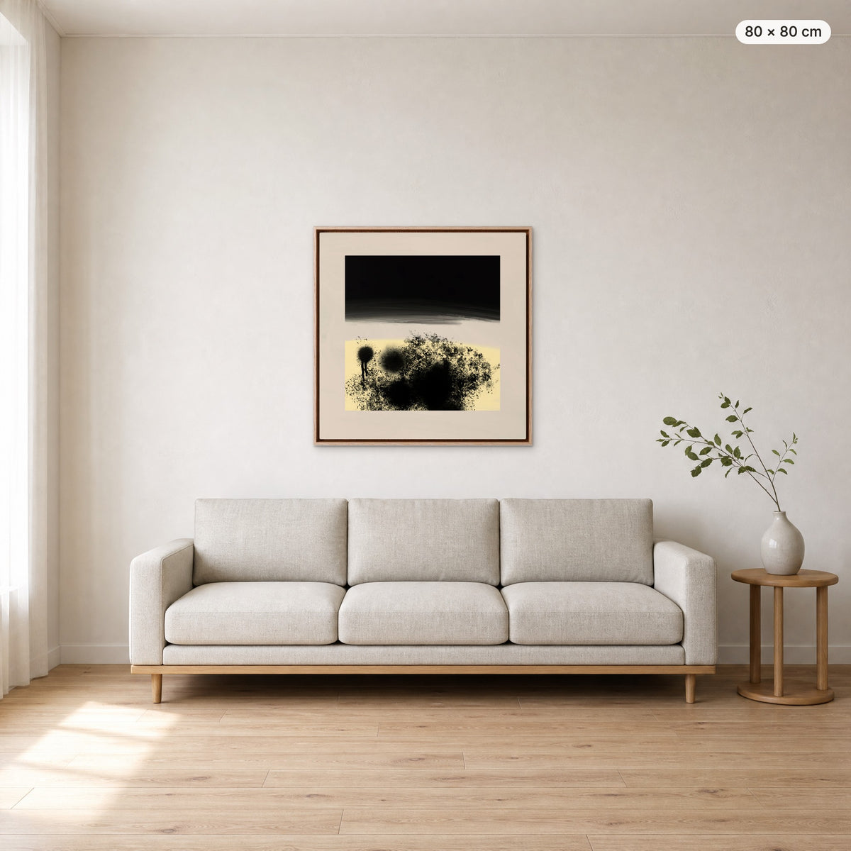 Canvas Print "After Dark" in oak frame, 80 × 80 cm, shown to scale above a 220 cm sofa