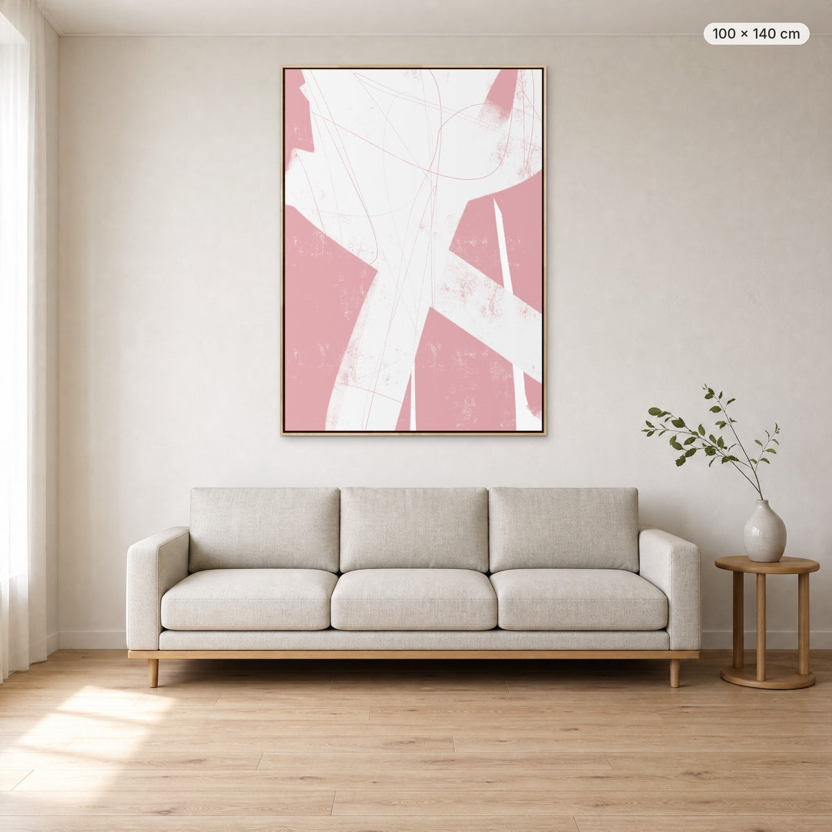 All Of The Thoughts #3 canvas print in oak floating frame, 100 × 140 cm, shown above a 220 cm sofa